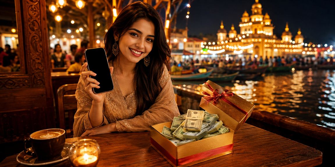 A user browsing jackpot on mobile at a night market in Barishal